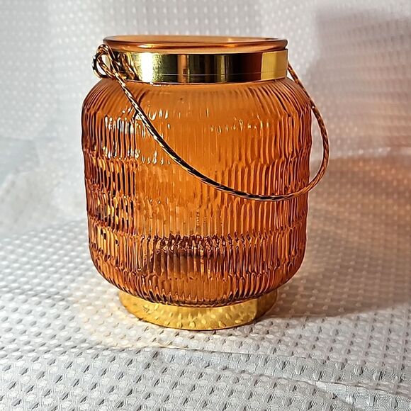 6 1/4" Orange Textured Glass Lantern/Vase with Gold Handle & Bands - Picture 3 of 8